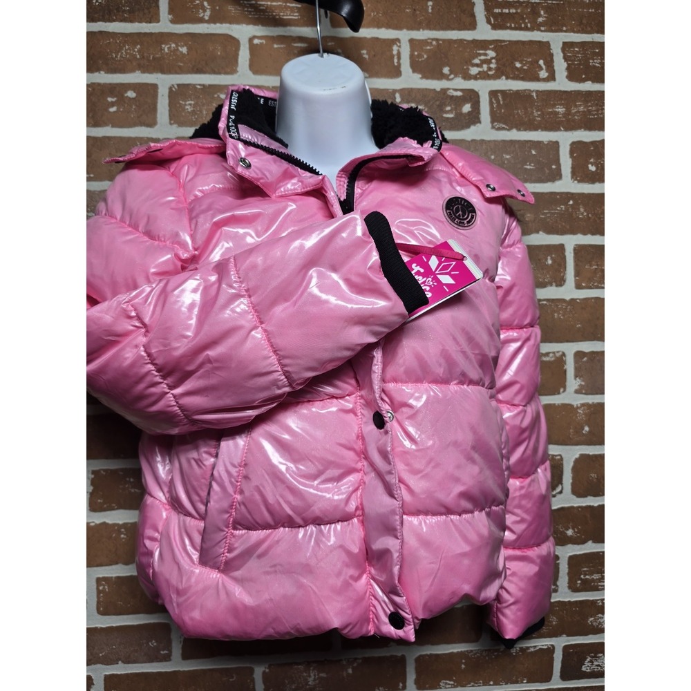 Justice Girls Puffer Jacket Faux Fur Lined With Hood Sz Medium 10 Pink - Glitter